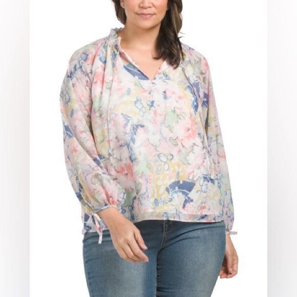 NWT ELIE TAHARI WOMAN Floral Split V Neck Tie Closure Ruffle Collar LS Blouse 1X